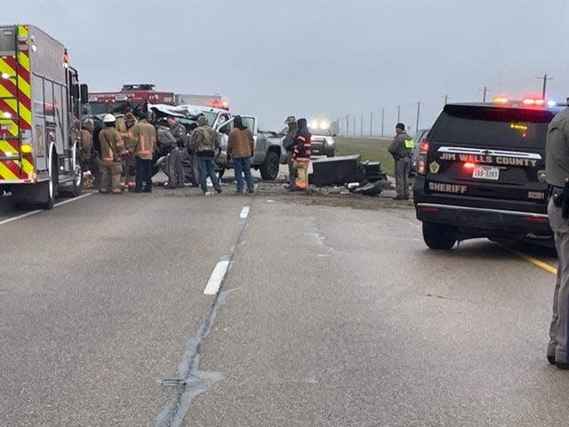 First responders at the scene of a three-vehicle accident east of Alice on Highway 44 on Wednesday, Feb. 1, 2023.