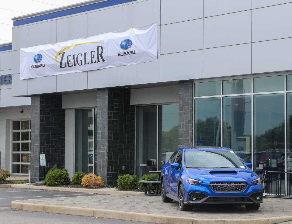 Bob Rohrman Subaru logo is covered by the Zeigler Auto Group logo after Bob Rohrman Subaru sold its Lafayette and Fort Wayne to Zeigler Auto Group, on Tuesday, Aug. 15, 2023, in Lafayette.