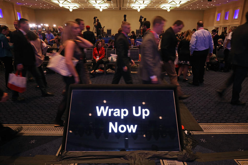 <p>A monitor with instruction for speakers sits in front of the stage during the Conservative Political Action Conference at the Gaylord National Resort and Convention Center, Feb. 23, 2018 in National Harbor, Md. (Photo: Chip Somodevilla/Getty Images) </p>