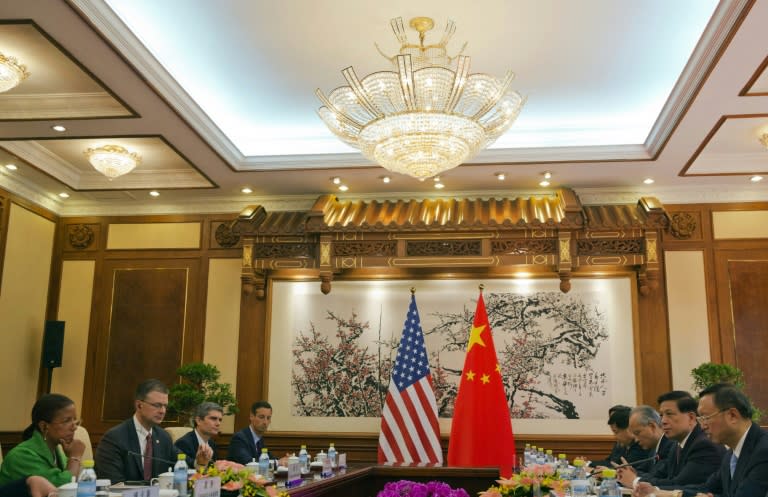 Susan Rice (left) takes part in talks with Yang Jiechi (right) at the Diaoyutai State Guesthouse in Beijing August 28, 2015