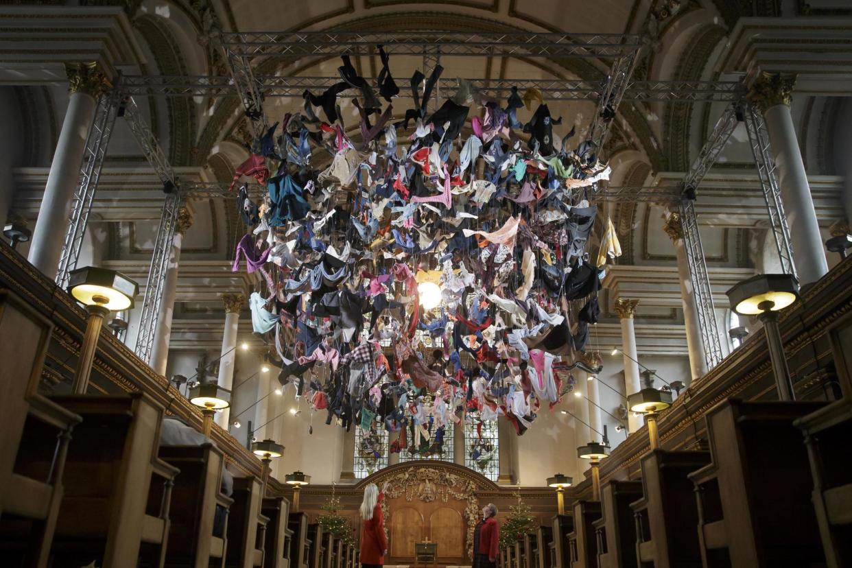 The installation is made from clothing discarded by refugees: AP