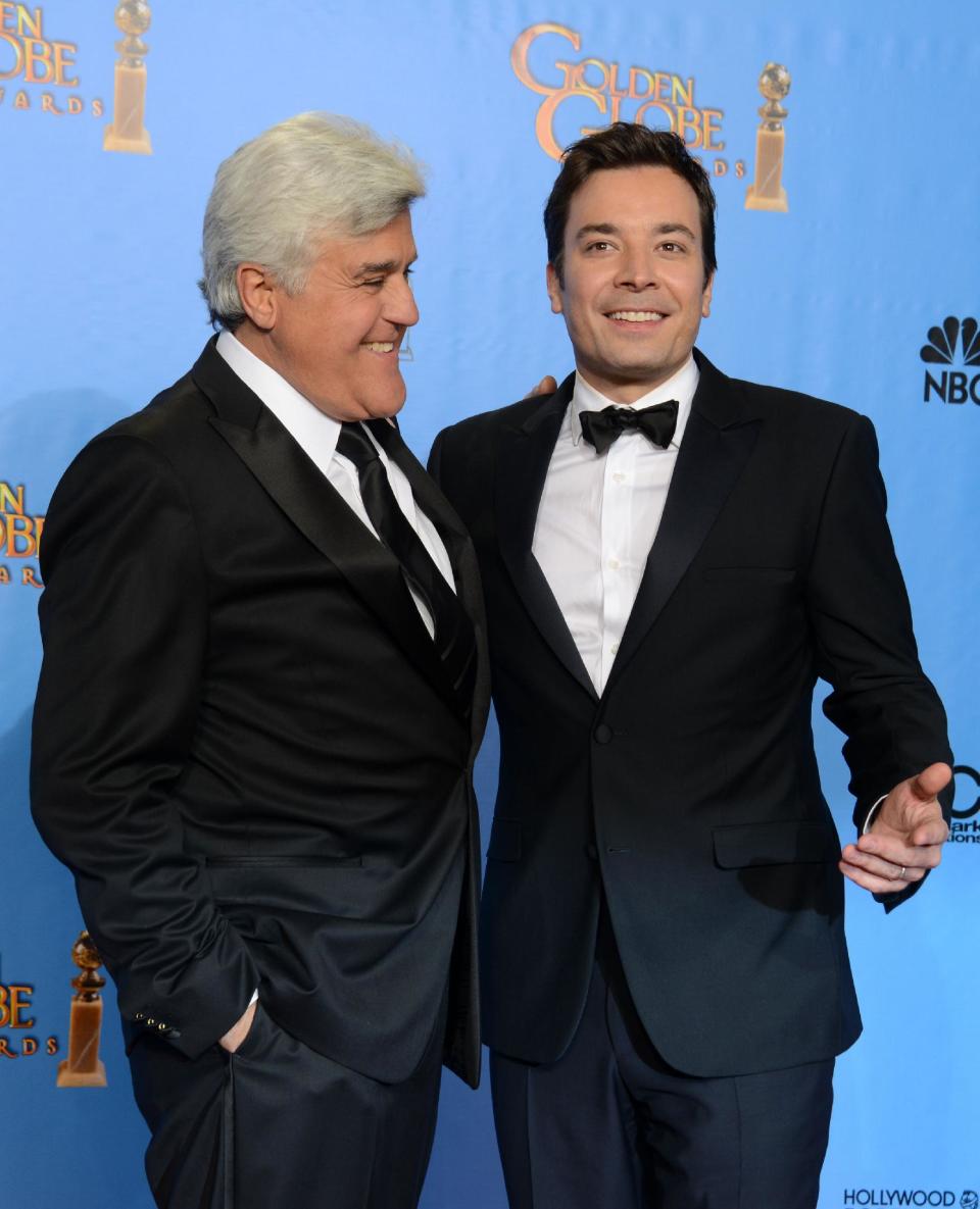 File- This Jan. 13, 2013, file photo shows presenters Jimmy Fallon, left, and Jay Leno posing backstage at the 70th Annual Golden Globe Awards at the Beverly Hilton Hotel in Beverly Hills, Calif. Leno will close out his 22-year run as host of NBC's "The Tonight Show" with a nod to the future and to the past. His heir apparent, Fallon, will kick off Leno's final week with a guest appearance on Feb. 3. Fallon is taking over the gig after hosting NBC's "Late Night" since 2009. (Photo by Jordan Strauss/Invision/AP)