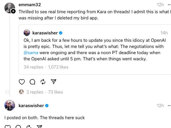 kara swisher's thread about threads not working