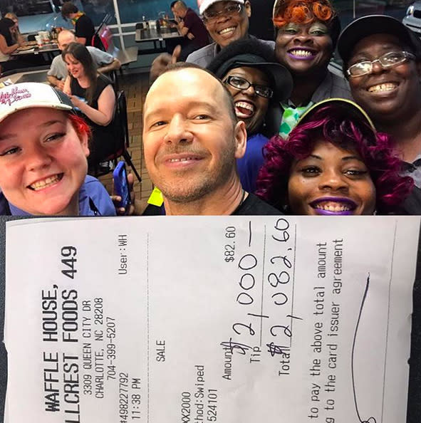 <p>The guys from New Kids on the Block have a long history of loving the waffle-serving eatery, and Wahlberg reminded us of that in July when he <a rel="nofollow noopener" href="https://www.instagram.com/p/BWeXT74Hk6N/?taken-by=donniewahlberg" target="_blank" data-ylk="slk:tipped $2,000;elm:context_link;itc:0;sec:content-canvas" class="link ">tipped $2,000</a> — and <a rel="nofollow" href="https://www.yahoo.com/celebrity/donnie-wahlberg-leaves-2000-tip-waffle-house-gives-staff-backstage-passes-172831038.html" data-ylk="slk:a VIP concert package;elm:context_link;itc:0;sec:content-canvas;outcm:mb_qualified_link;_E:mb_qualified_link;ct:story;" class="link  yahoo-link">a VIP concert package</a> — on a tab of $82.60 at a location in Charlotte, N.C. (Photo: <a rel="nofollow noopener" href="https://www.instagram.com/p/BWeXT74Hk6N/" target="_blank" data-ylk="slk:Donnie Wahlberg via Instagram;elm:context_link;itc:0;sec:content-canvas" class="link ">Donnie Wahlberg via Instagram</a>) </p>