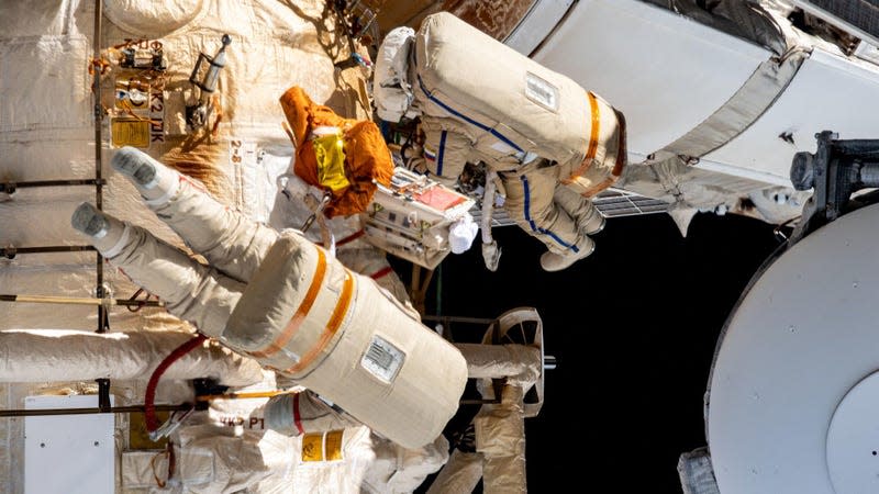 Cosmonauts Sergey Prokopyev and Dmitri Petelin during a spacewalk on May 3, 2023.