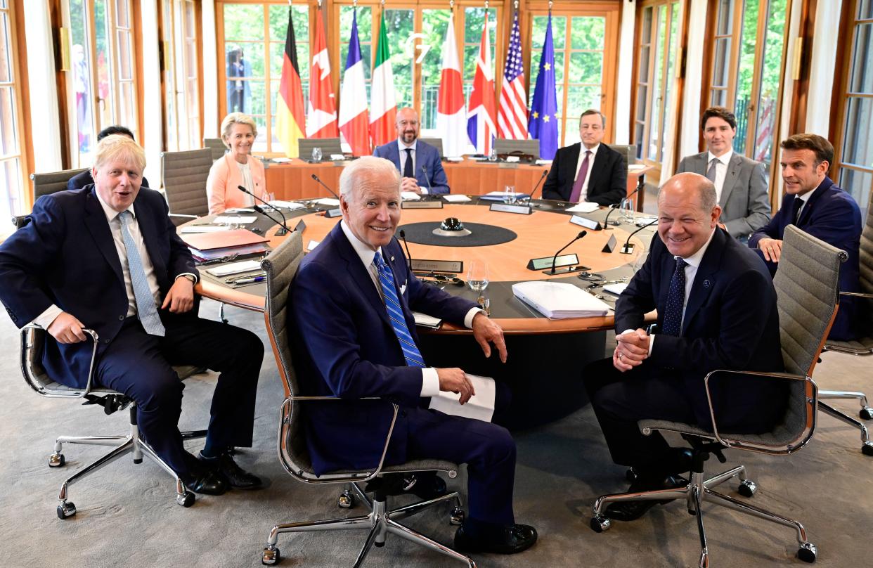 G7 leaders. Global stocks climbed on Friday as finance ministered agreed to cap Russian oil price. Photo: John MacDougall/POOL/AFP via Getty