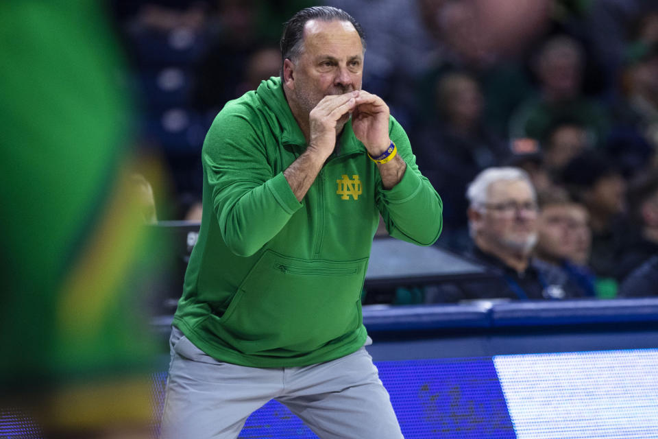 Notre Dame coach Mike Brey shouts during the first half of the team's NCAA college basketball game against Florida State on Tuesday, Jan. 17, 2023, in South Bend, Ind. (AP Photo/Michael Caterina)