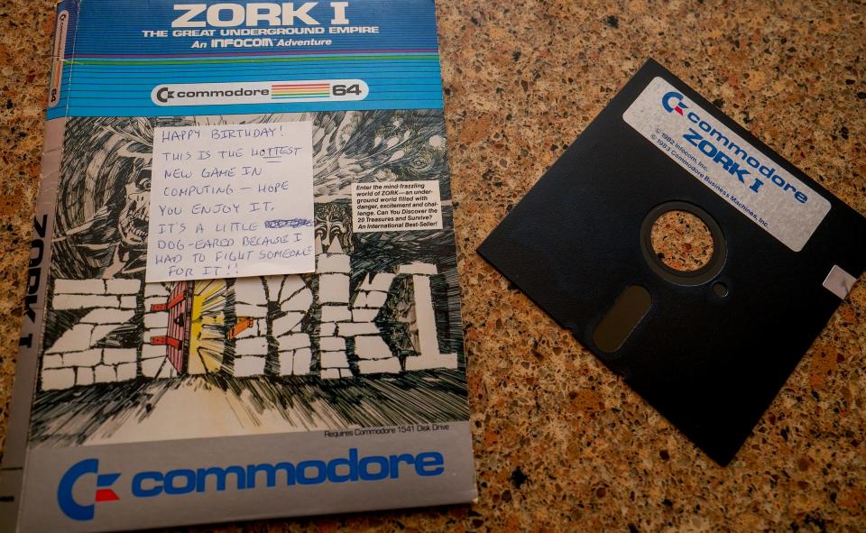 A floppy disk video game, photographs and an SD card are some of the items cousins Karl Freund and Steve Mathwig enclose in the birthday card they have been exchanging for the past 40 years.