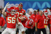 MIAMI, FLORIDA - FEBRUARY 02: Ben Niemann #56 of the Kansas City Chiefs and Armani Watts #23 of the Kansas City Chiefs celebrate after defeating San Francisco 49ers by 31 - 20 in Super Bowl LIV at Hard Rock Stadium on February 02, 2020 in Miami, Florida. (Photo by Ronald Martinez/Getty Images)