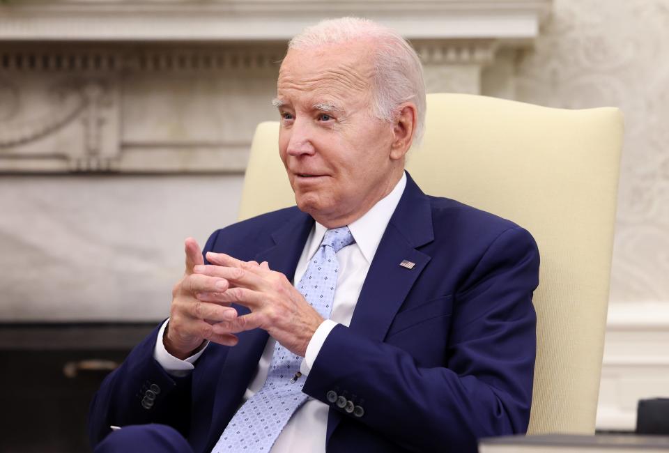 President Joe Biden delivers remarks during a meeting on Ukraine in the Oval Office on October 05, 2023 in Washington, DC.