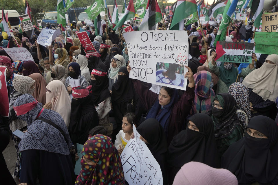 Supporters of a religious party 'Jamaat-e-Islami' take part in a rally against Israeli airstrikes on Gaza and to show solidarity with the Palestinian people, in Karachi, Pakistan, Wednesday, Oct. 25, 2023. (AP Photo/Fareed Khan)