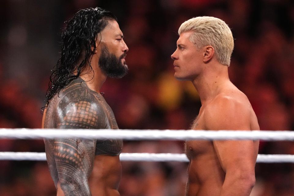 Cody Rhodes and Roman Reigns during Wrestlemania 39 night two at SoFi Stadium.