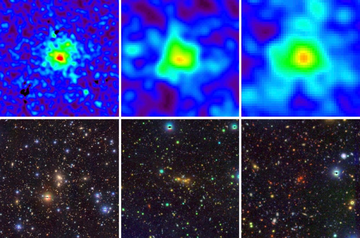  X-ray (top) and optical pseudo-color (below) images of three low-mass galaxy clusters studied by the eROSITA instrument. The highest-redshift cluster comes from a time when the universe was approximately 10 billion years younger than it is today. The cluster galaxies in that case are clearly much redder than the galaxies in the other two clusters. 