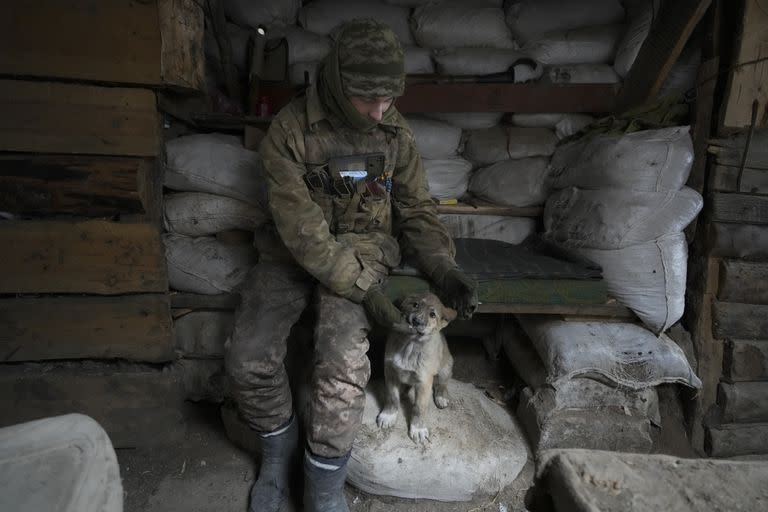 Un soldado ucraniano acaricia a un perro sentado en un albergue en el frente en la región de Luhansk, en el este de Ucrania, el viernes 28 de enero de 2022. El viernes continuaban las gestiones diplomáticas para evitar una guerra en el este de Europa. Los esfuerzos se desarrollan en un momento en que 100.000 soldados rusos están apostados cerca de la frontera con Ucrania, y mientras el gobierno del presidente Joe Biden teme que el presidente ruso Vladimir Putin organice algún tipo de invasión en cuestión de semanas. (AP Foto/Vadim Ghirda)