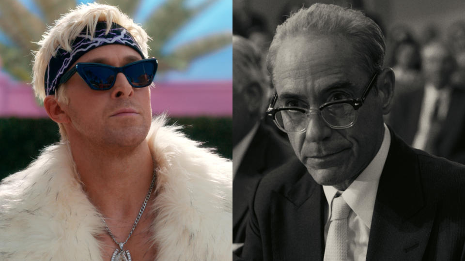 Ryan Gosling in Barbie, and Robert Downey Jr. in Oppenheimer, pictured side by side.