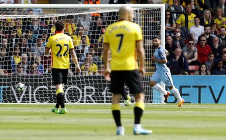 Britain Football Soccer - Watford v Manchester City - Premier League - Vicarage Road - 21/5/17 Manchester City's Sergio Aguero scores their second goal Reuters / Stefan Wermuth Livepic