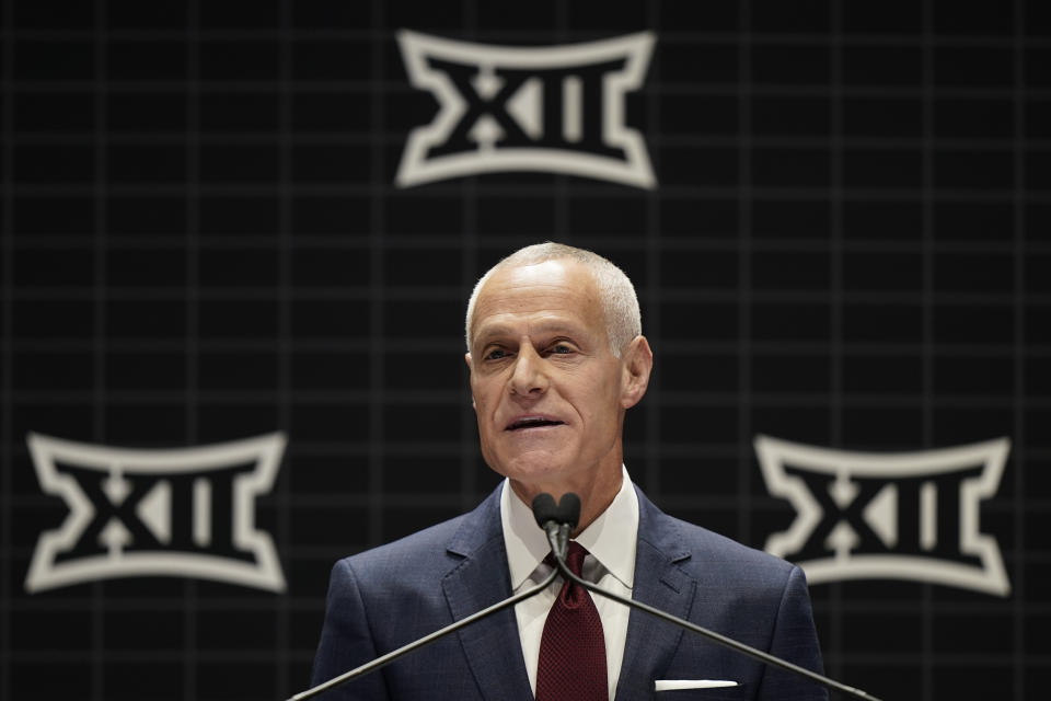 Big 12 commissioner Brett Yormark addresses the media during the NCAA college Big 12 women's basketball media day Tuesday, Oct. 17, 2023, in Kansas City, Mo. (AP Photo/Charlie Riedel)