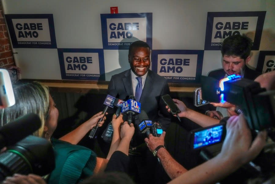 Gabe Amo meets with members of the press at an election results party after his win in the Democratic primary for Rhode Island’s 1st Congressional District, Tuesday, Sept. 5, 2023, in Pawtucket, R.I. (David Delpoio/Providence Journal via AP)