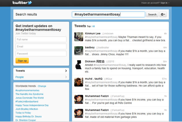 Some of the tweets that turn up from a search of the newly-coined hashtag #maybetharmanmeanttosay. (Screengrab: Twitter)