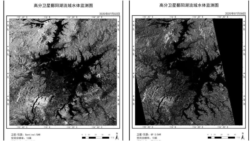 鄱陽湖水體面積衛星照，圖左為2日資料，圖右為8日資料。（圖／翻攝自「中華城市地理」微博）