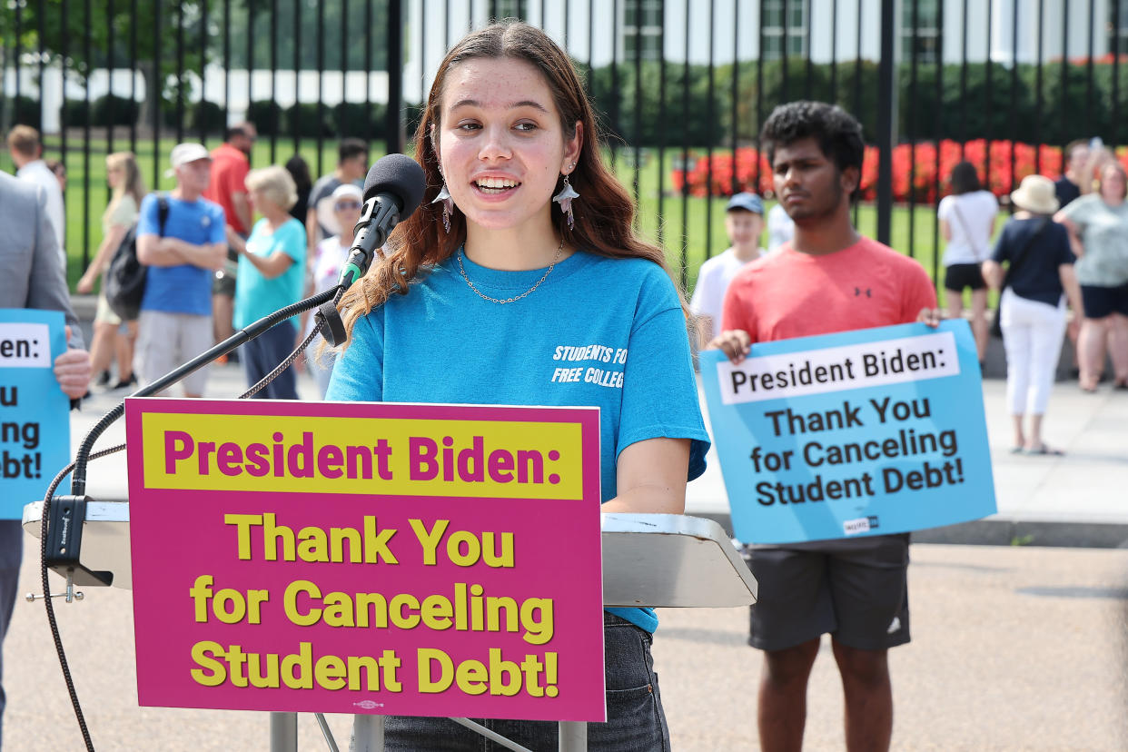 WASHINGTON, DC - AUGUST 25: Lydia Zajichek of Rise joins student loan borrowers at a rally in front of The White House to celebrate President Biden cancelling student debt and to begin the fight to cancel any remaining debt on August 25, 2022 in Washington, DC. (Photo by Paul Morigi/Getty Images for We the 45m)