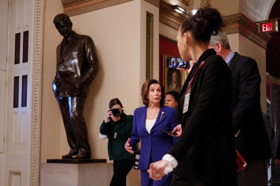 House Speaker Pelosi speaks to news reporters ahead of a vote on relief for the coronavirus (COVID-19) disease on Capitol Hill in Washington