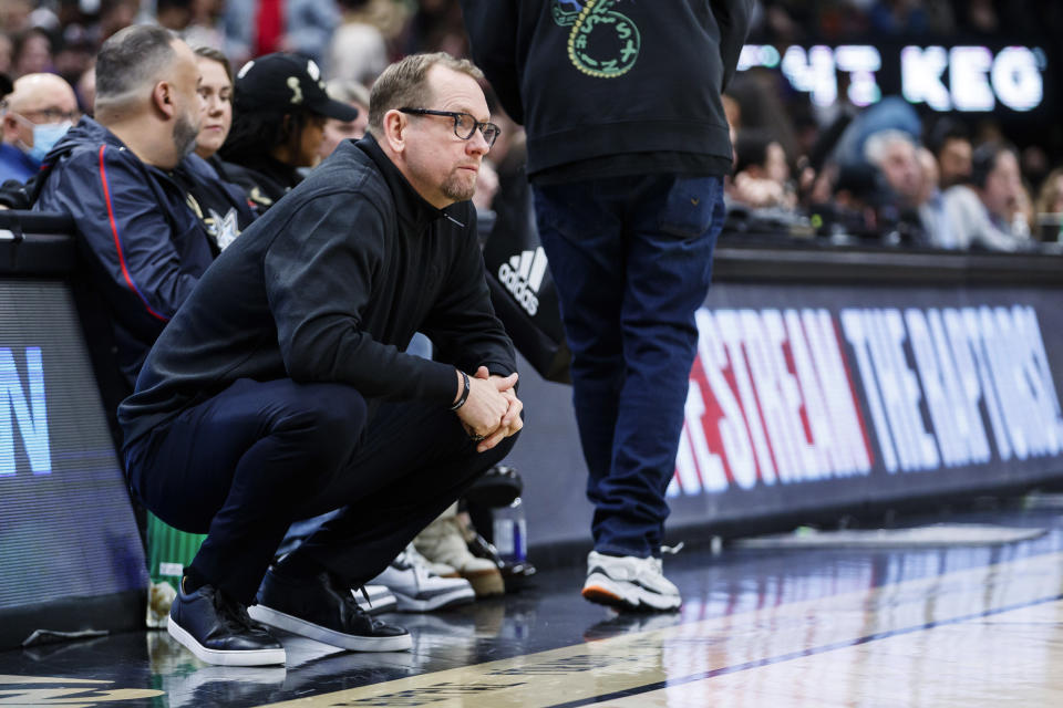 Toronto Raptors coach Nick Nurse watches play during the second half of the team's NBA basketball game against the New York Knicks on Friday, Jan. 6, 2023, in Toronto. (Cole Burston/The Canadian Press via AP)