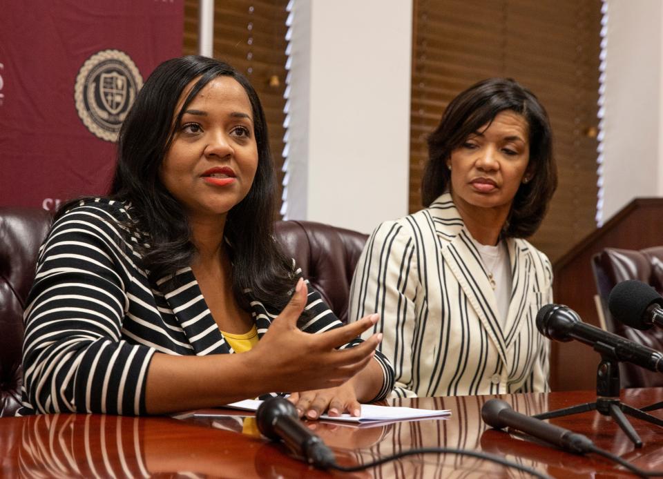 Krystal Goodner, left, Director of Public Relations for Simmons College and Von Purdy, right, Director of Development for the school discuss the controversy involving the scholarship money from the Papa Johns Pizza Corporation withdrew from the historically black school. Sept. 13, 2019