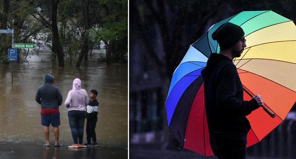 A family looks over floodwaters in NSW, while another man in Sydney's CBD stands under a colourful umbrella.