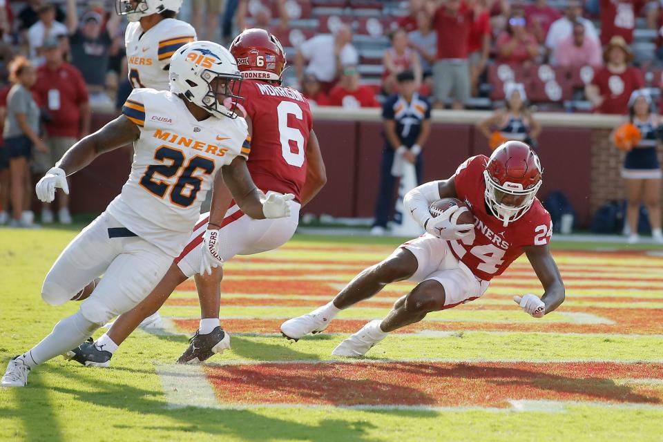 Oklahoma’s Gentry Williams (24) intercepts a pass during a college football game between the University of Oklahoma Sooners (OU) and the UTEP Miners at Gaylord Family – Oklahoma Memorial Stadium in Norman, Oklahoma, Saturday, Sept. 3, 2022. Oklahoma won 45-13. Bryan Terry, The Oklahoman