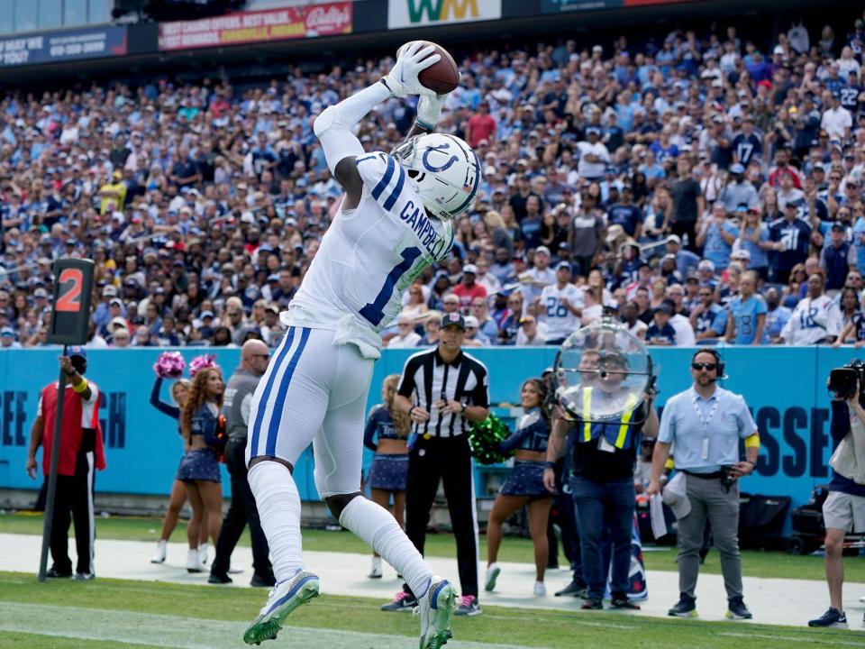 Parris Campbell catches a touchdown against the Tennessee Titans.