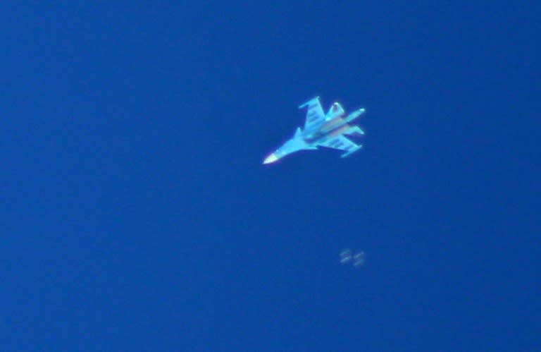 A Russian Sukhoi Su-34 fighter drops bombs over the Syrian village of Kafr Ain in the southern countryside of Idlib province on September 7, 2018