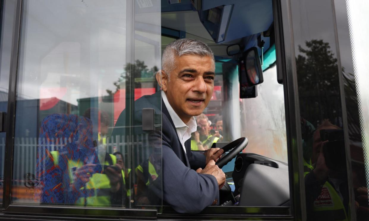 <span>Sadiq Khan on a bus to promote electric travel in London last year. Susan Hall has pledged to scrap Ulez expansion.</span><span>Photograph: Neil Hall/EPA</span>