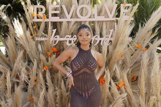 Halle Bailey Brings Boho-Chic Edge in Sheer Knit Dress, Peekaboo Bikini &  Beyonce's Stan Smith 'Ivy Heart' Sneakers at Revolve Festival's Coachella  Party