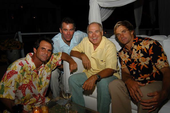 Darrick Doener, Jeff Clark, Jimmy Buffett and Laird Hamilton attend Andrew Rosen, on behalf of Theory, Hosts a Post-Screening Dinner to Celebrate 