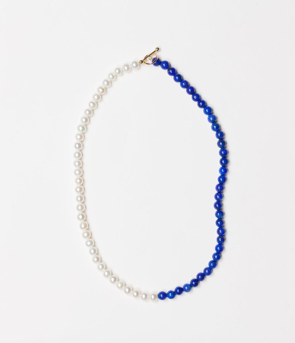 Lapis and Pearl Duo Necklace with Gold Toggle Clasp in 14k Yellow Gold by Spur