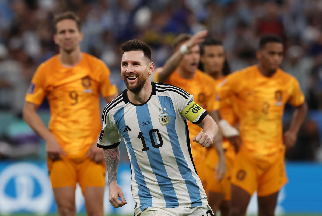 Lionel Messi celebrates after Argentina defeated the Netherlands on penalties at Lusail Stadium on December 09, 2022 in Lusail City, Qatar. (Photo by Ian MacNicol/Getty Images)