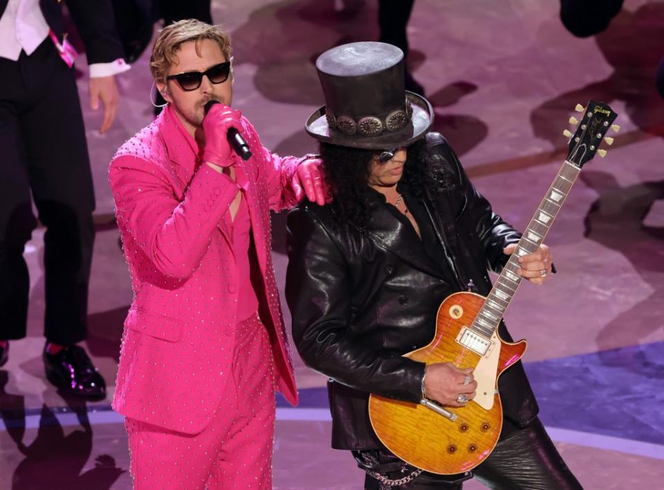 Ryan Gosling rocked out with guitar god Slash during his performance of Best Original Song nominee “I’m Just Ken.” Getty Images