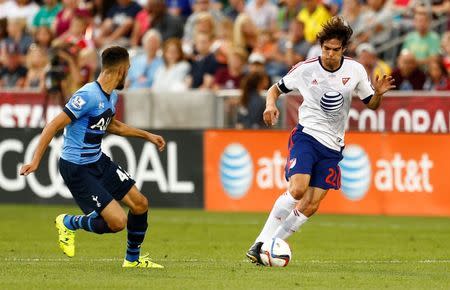 Jul 29, 2015; Denver, CO, USA; MLS All Stars midfielder Kaka (22) of Orlando City SC works the ball ahead of Tottenham Hotspur midfielder Nabil Bentaleb (42) during the first half of the 2015 MLS All Star Game at Dick's Sporting Goods Park. Isaiah J. Downing-USA TODAY Sports