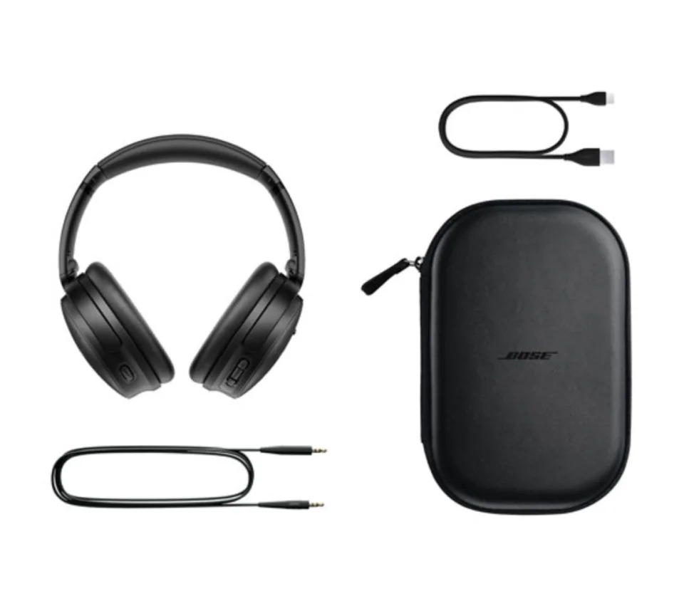 Bose QuietComfort 45 Noise Cancelling Headphones with charging cables and black carrying case (Photo via Best Buy Canada)