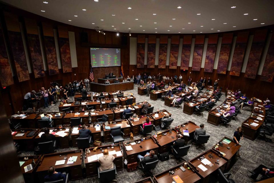 State representatives gather in the chambers during a legislative session at the Arizona House of Representatives in Phoenix on April 24, 2024.