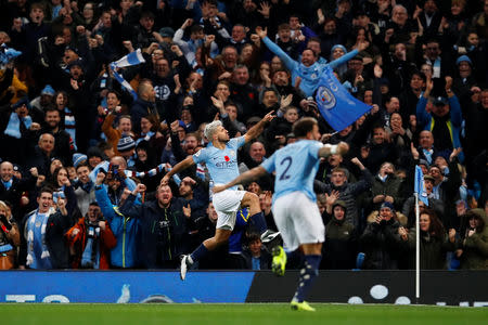 Soccer Football - Premier League - Manchester City v Manchester United - Etihad Stadium, Manchester, Britain - November 11, 2018 Manchester City's Sergio Aguero celebrates scoring their second goal Action Images via Reuters/Jason Cairnduff