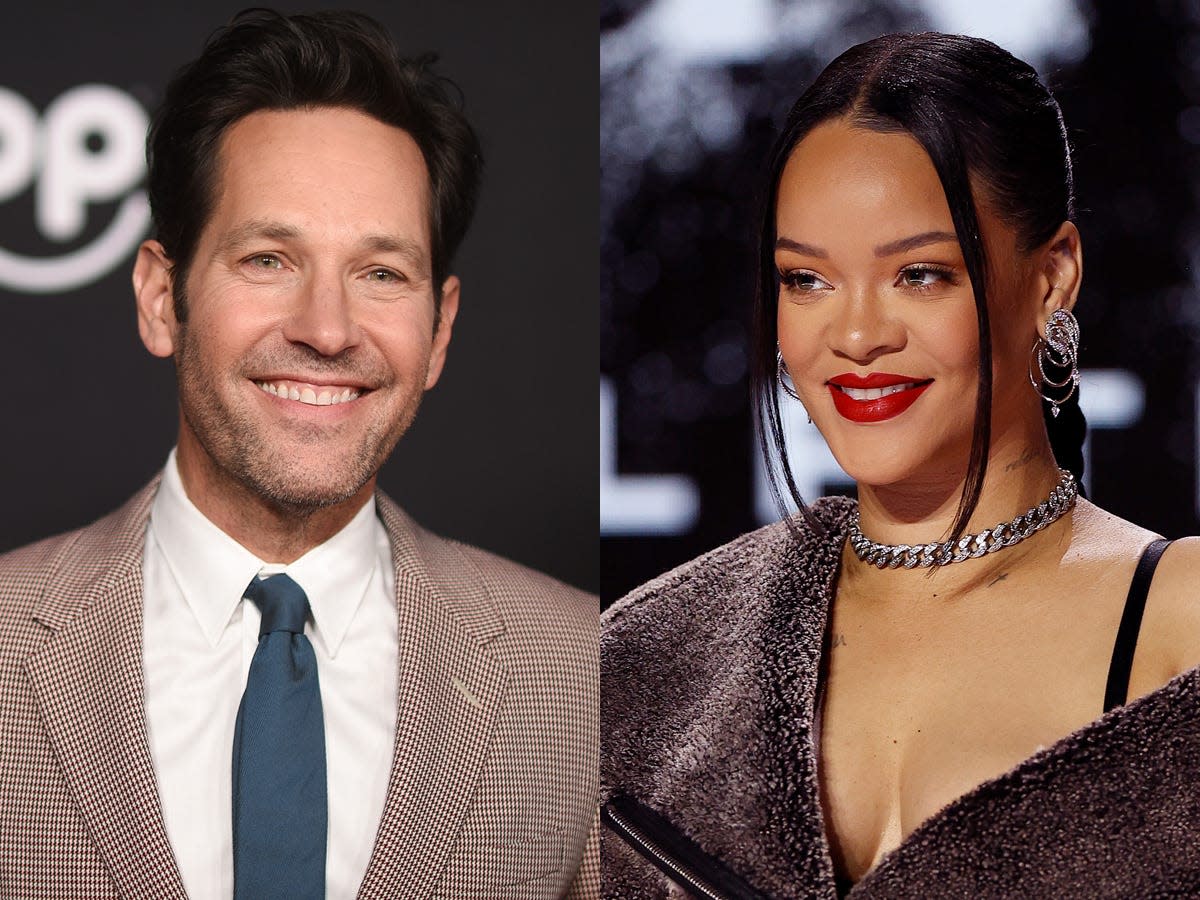 On the left: Paul Rudd at the LA premiere of "Ant-Man and the Wasp: Quantumania" in February 2023. On the right: Rihanna at a press conference ahead of the 2023 Super Bowl.