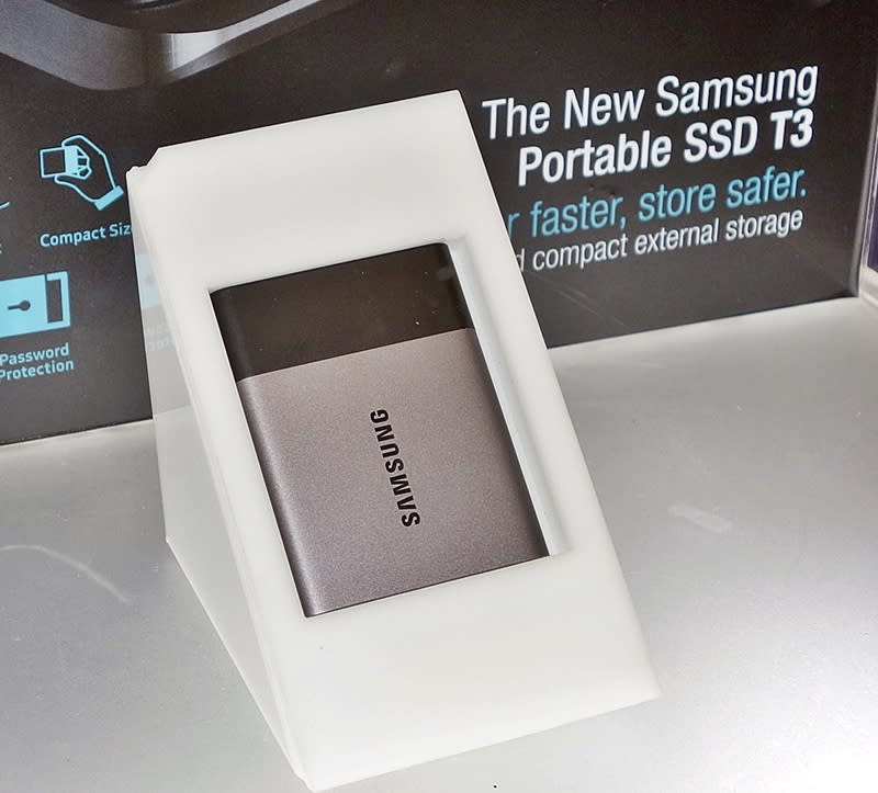 This is the new model of the Samsung portable SSD T3. Available in 250GB, 500GB, 1TB and 2TB capacities. It is priced at $209, $309, $549 and $1,199 respectively. Any purchase of the 500GB and above SKU will entitle you to a free gift like a Samsung powerbank, or a free Samsung SL-M3375FD printer worth $628.