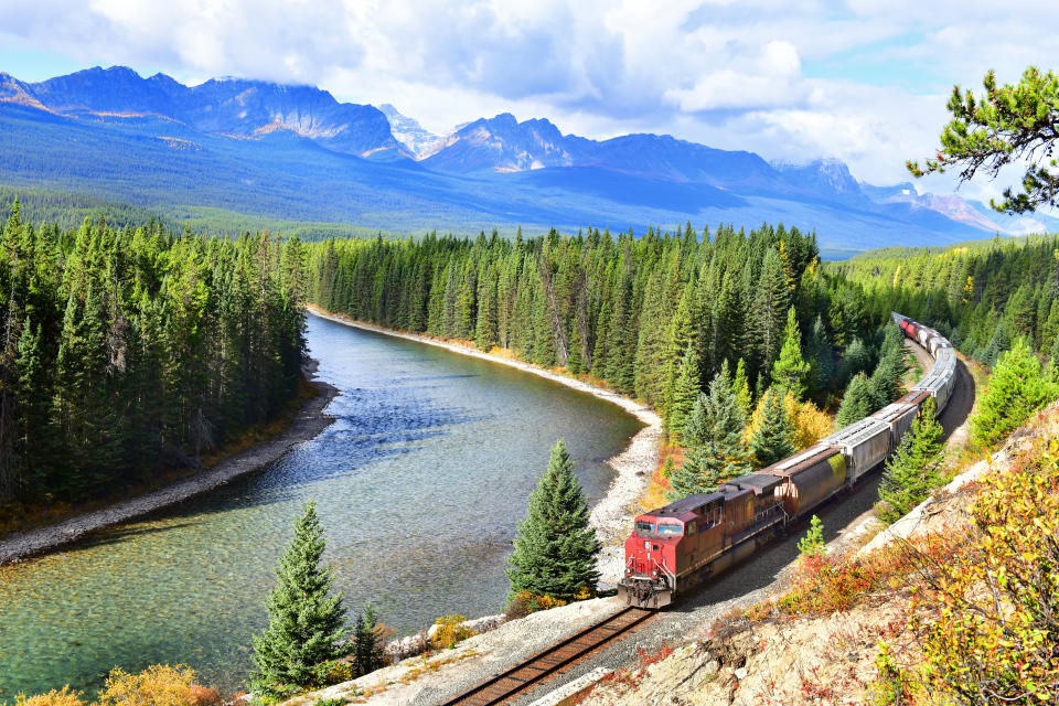 Train passing famous Morant's curve at Bow Valley in autumn ,Banff National Park, Canadian Rockies,Canada.