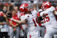 Youngstown State quarterback Mitch Davidson throws a pass against Ohio State during the first half of an NCAA college football game Saturday, Sept. 9, 2023, in Columbus, Ohio. (AP Photo/Jay LaPrete)
