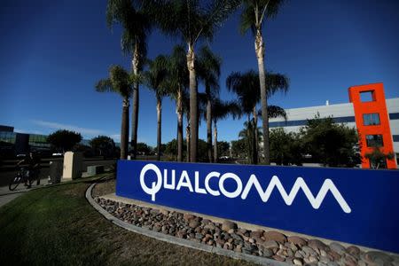 A sign on the Qualcomm campus is seen in San Diego, California, U.S. November 6, 2017. REUTERS/Mike Blake/Files