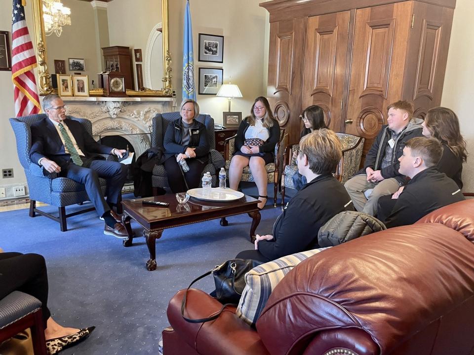 Sen. John Thune (left) meets with students and chaperones representing South Dakota's Jobs for America's Graduates delegates.