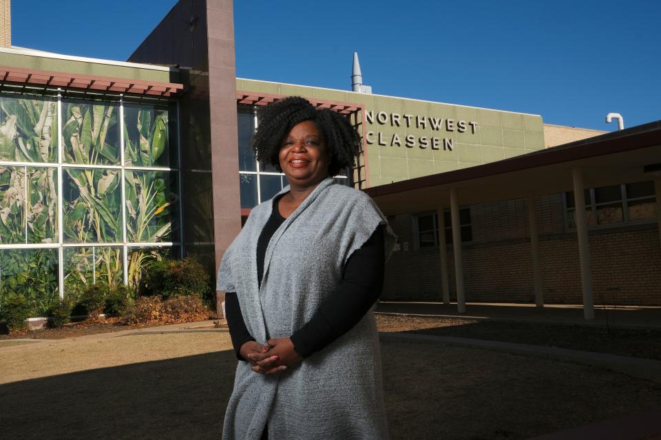 Telannia Norfar, a math teacher at Northwest Classen High School in Oklahoma City, stands outside school on Monday.