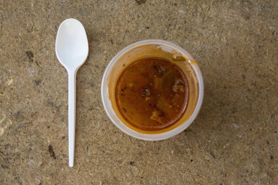 A picture shows a piece of food served by volunteers to anti-government protesters guarding barricades during a protracted stand-off with riot police in Kiev